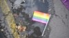 Serbia - Belgrade - Pride parade 2017 LGBT flag on the street - September 17th 2017