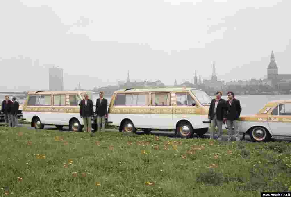 Olympic minibuses in Riga, Latvia. The 1980 games held events in various Soviet cities besides Moscow, including Minsk, Tallinn, and Kyiv. 