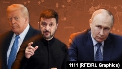 Colaj de fotografii cu președinții Donald Trump (stânga), Volodimir Zelenski (centru) și Vladimir Putin (dreapta).